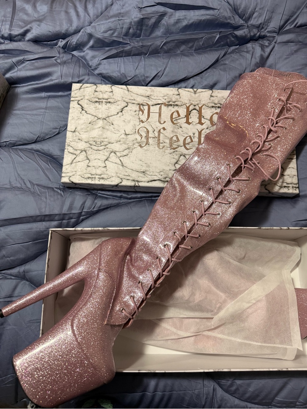 Hella Heels 8” Glitterati Thigh High - Sugar Baby size 8